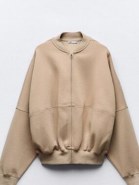 Zara ZIPPERED BOMBER SWEATSHIRT Size Medium mid-camel